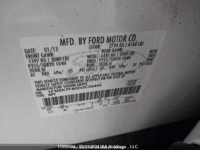 2013 Ford Explorer Limited VIN: 1FM5K7F80DGC02495 Lot: 11999504