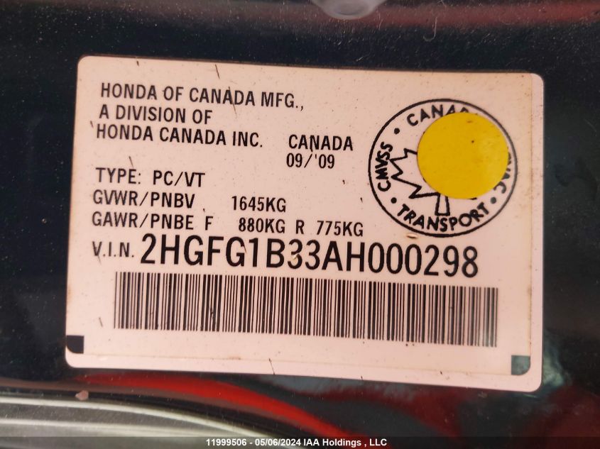 2010 Honda Civic Cpe VIN: 2HGFG1B33AH000298 Lot: 11999506