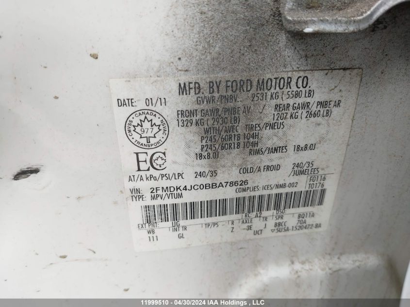 2011 Ford Edge Sel VIN: 2FMDK4JC0BBA78626 Lot: 11999510