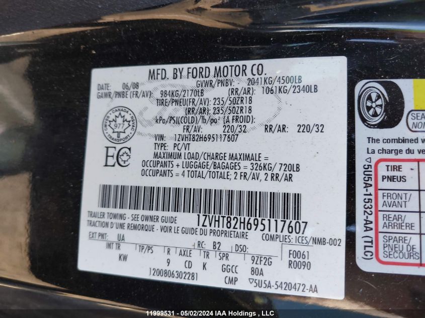 2009 Ford Mustang VIN: 1ZVHT82H695117607 Lot: 11999531