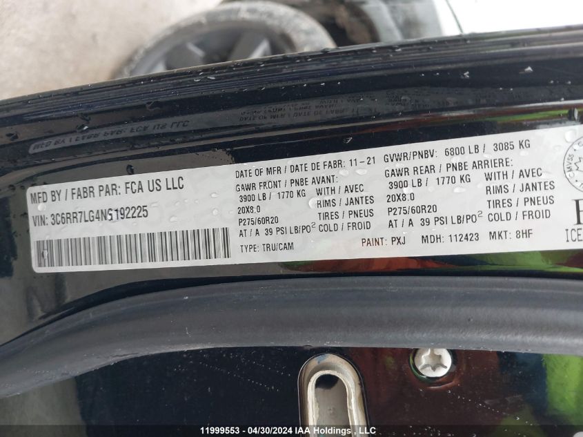 2022 Ram 1500 Classic Slt VIN: 3C6RR7LG4NG192225 Lot: 11999553