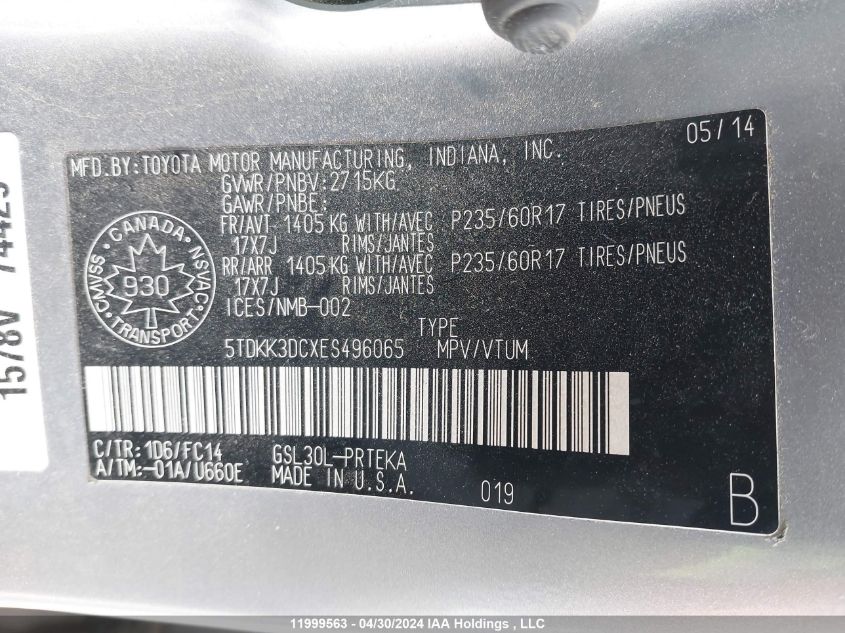 2014 Toyota Sienna Le VIN: 5TDKK3DCXES496065 Lot: 11999563