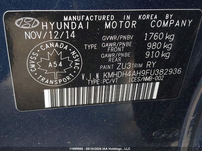 2015 Hyundai Elantra Gls VIN: KMHDH4AH9FU382936 Lot: 11999565