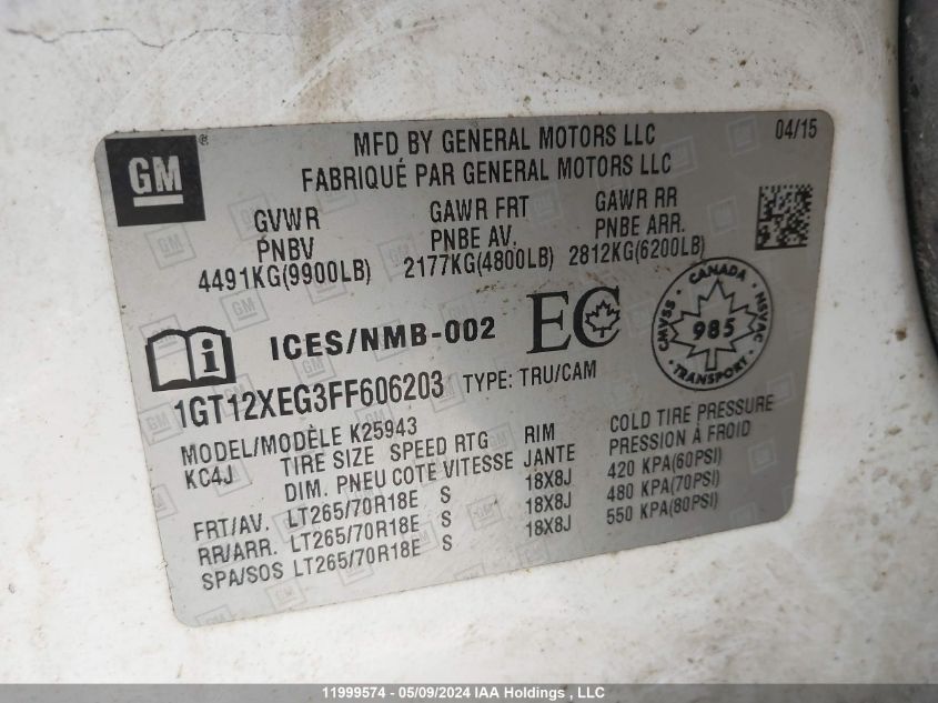 2015 GMC Sierra 2500Hd VIN: 1GT12XEG3FF606203 Lot: 11999574
