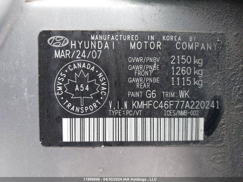 2007 Hyundai Azera Se/Limited VIN: KMHFC46F77A220241 Lot: 11999586