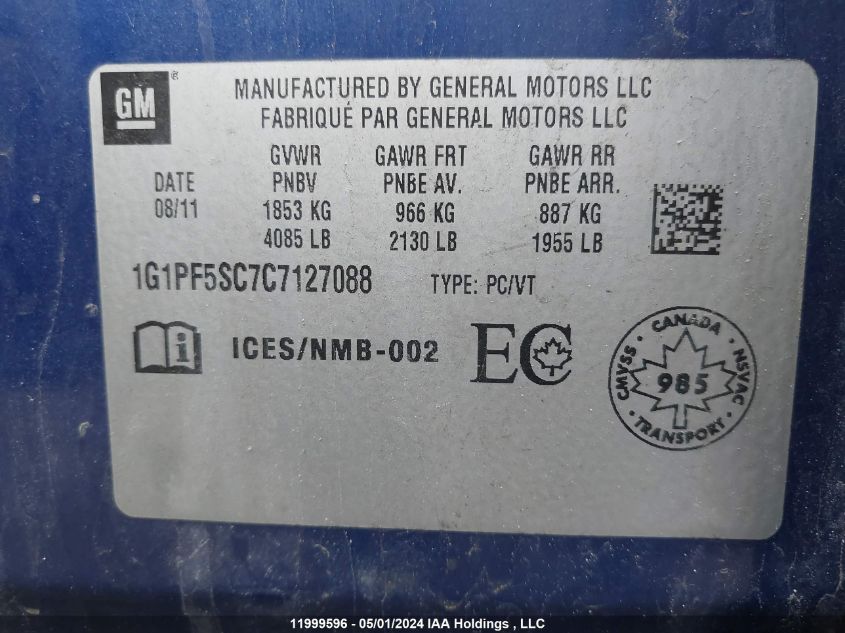 2012 Chevrolet Cruze VIN: 1G1PF5SC7C7127088 Lot: 11999596