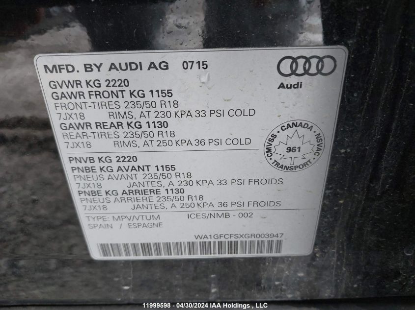 2016 Audi Q3 4P Ti VIN: WA1GFCFSXGR003947 Lot: 11999598