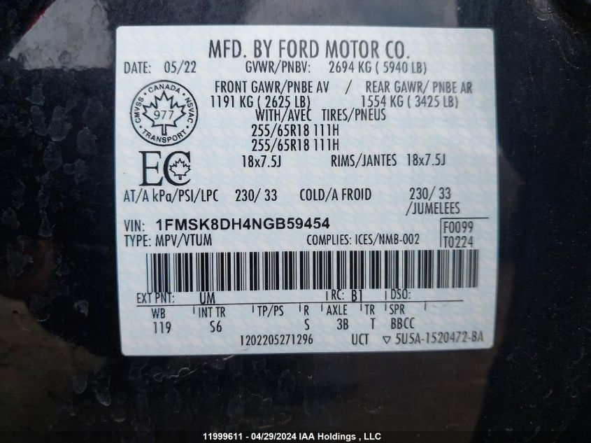 2022 Ford Explorer Xlt VIN: 1FMSK8DH4NGB59454 Lot: 11999611