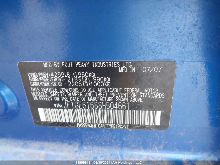 2008 Subaru Impreza 2.5I VIN: JF1GE61688H504661 Lot: 11999618