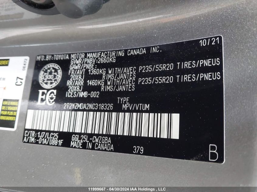 2022 Lexus Rx 350 F-Sport VIN: 2T2YZMDA2NC318326 Lot: 11999667