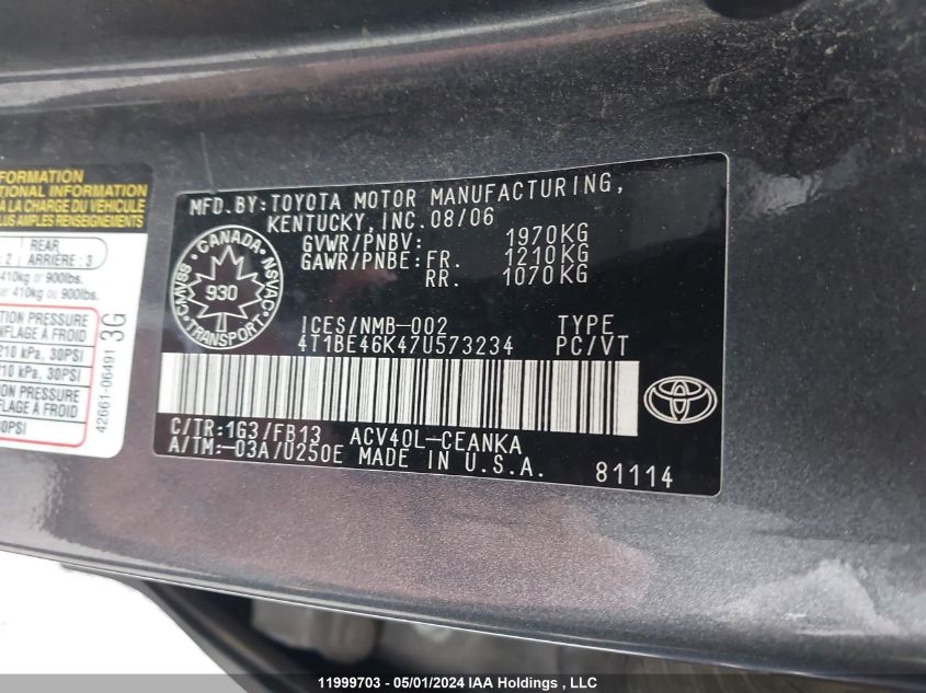 2007 Toyota Camry Ce/Le/Xle/Se VIN: 4T1BE46K47U573234 Lot: 11999703