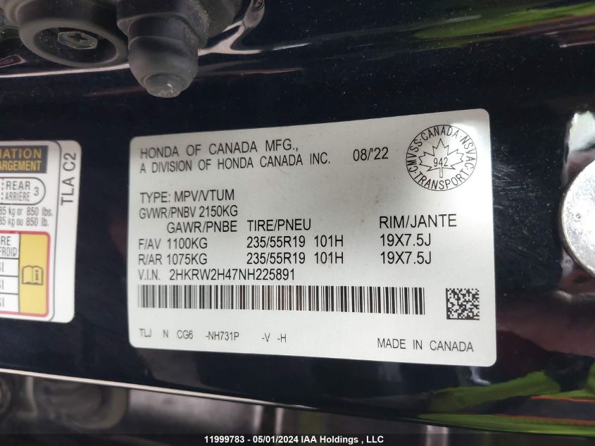 2022 Honda Cr-V Sport VIN: 2HKRW2H47NH225891 Lot: 11999783