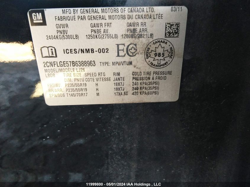 2011 Chevrolet Equinox Ltz VIN: 2CNFLGE57B6388963 Lot: 11999800