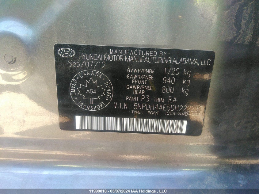 2013 Hyundai Elantra Gls/Limited VIN: 5NPDH4AE5DH222232 Lot: 11999810