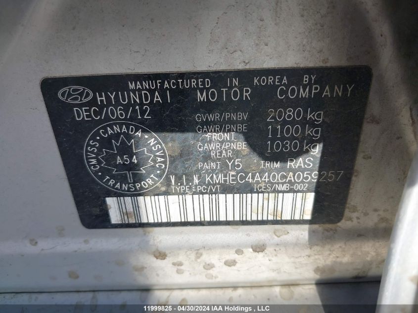 2012 Hyundai Sonata Hybrid VIN: KMHEC4A40CA059257 Lot: 11999825