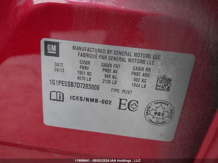 2013 Chevrolet Cruze VIN: 1G1PE5SB7D7283000 Lot: 11999841