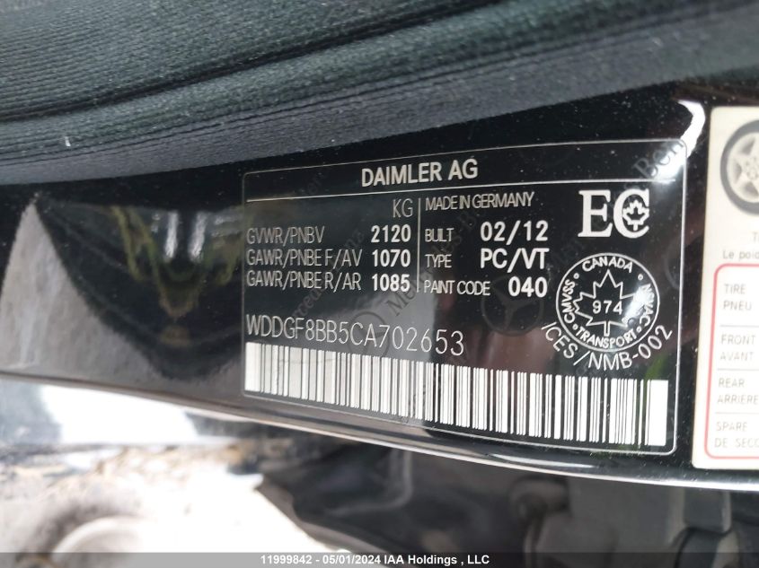 2012 Mercedes-Benz C-Class VIN: WDDGF8BB5CA702653 Lot: 11999842