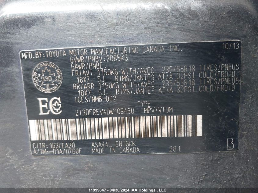 2013 Toyota Rav4 Limited VIN: 2T3DFREV4DW109460 Lot: 11999847