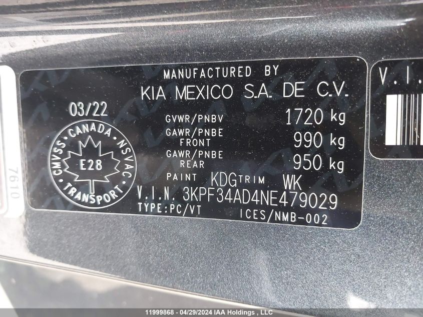 2022 Kia Forte Gt Line VIN: 3KPF34AD4NE479029 Lot: 11999868