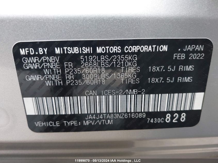 2022 Mitsubishi Outlander Es VIN: JA4J4TA83NZ616089 Lot: 11999870