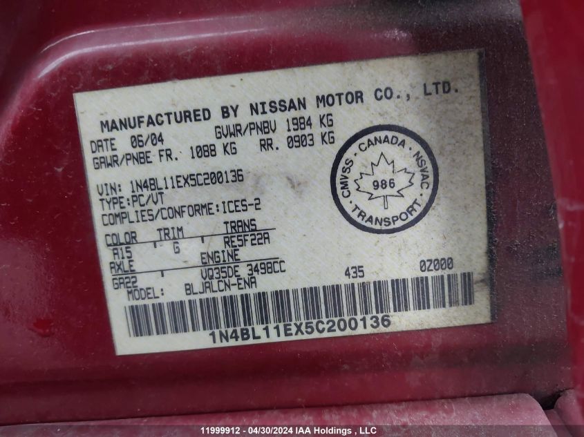 2005 Nissan Altima 3.5 Sl VIN: 1N4BL11EX5C200136 Lot: 11999912