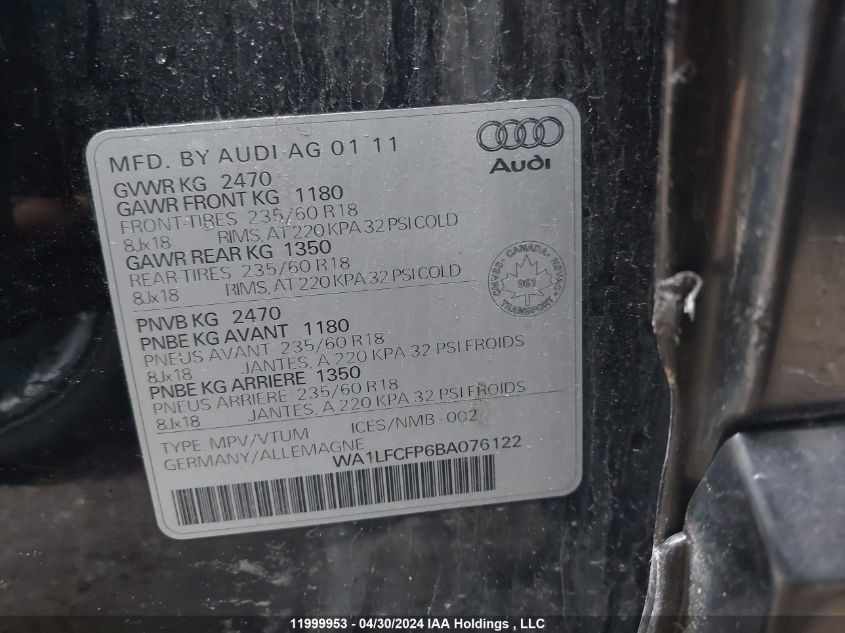 2011 Audi Q5 VIN: WA1LFCFP6BA076122 Lot: 11999953