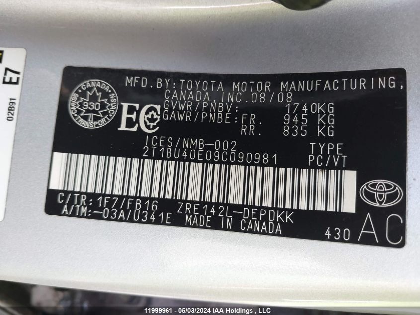 2009 Toyota Corolla S/Le/Xle VIN: 2T1BU40E09C090981 Lot: 11999961