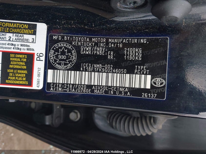 2016 Toyota Camry Le/Xle/Se/Xse VIN: 4T1BF1FK9GU246050 Lot: 11999972