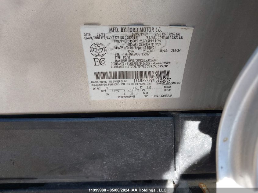 2013 Ford Taurus Sel VIN: 1FAHP2E89DG125087 Lot: 11999988