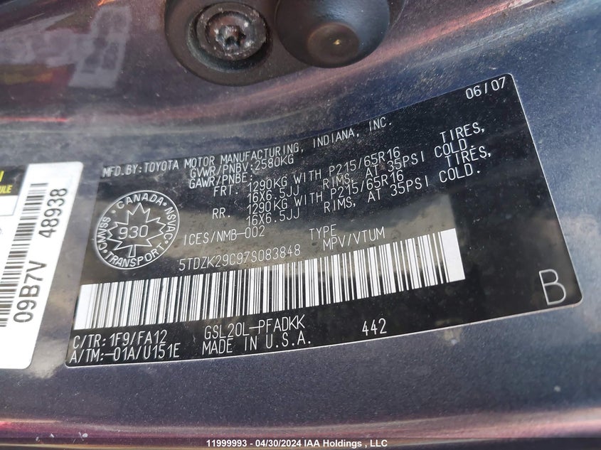 2007 Toyota Sienna Ce VIN: 5TDZK29C97S083848 Lot: 11999993