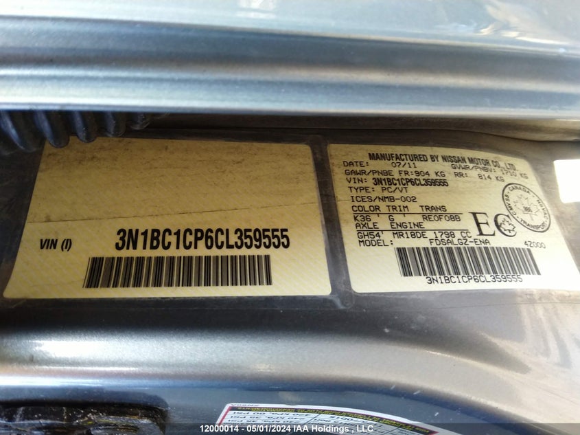 2012 Nissan Versa S/Sl VIN: 3N1BC1CP6CL359555 Lot: 12000014