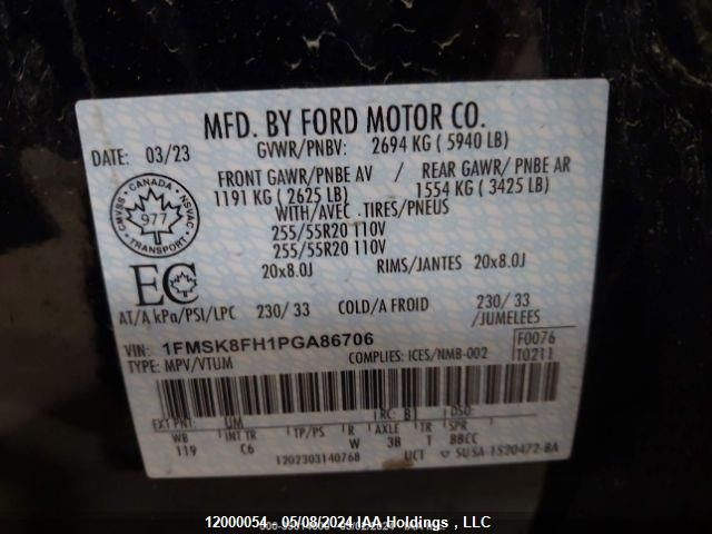 2023 Ford Explorer Limited VIN: 1FMSK8FH1PGA86706 Lot: 12000054