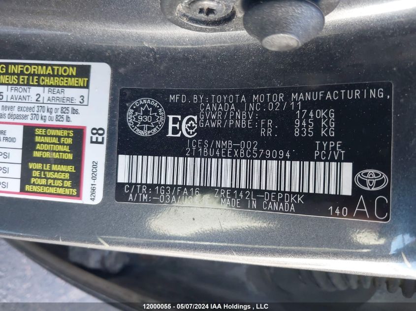 2011 Toyota Corolla Le VIN: 2T1BU4EEXBC579094 Lot: 12000055