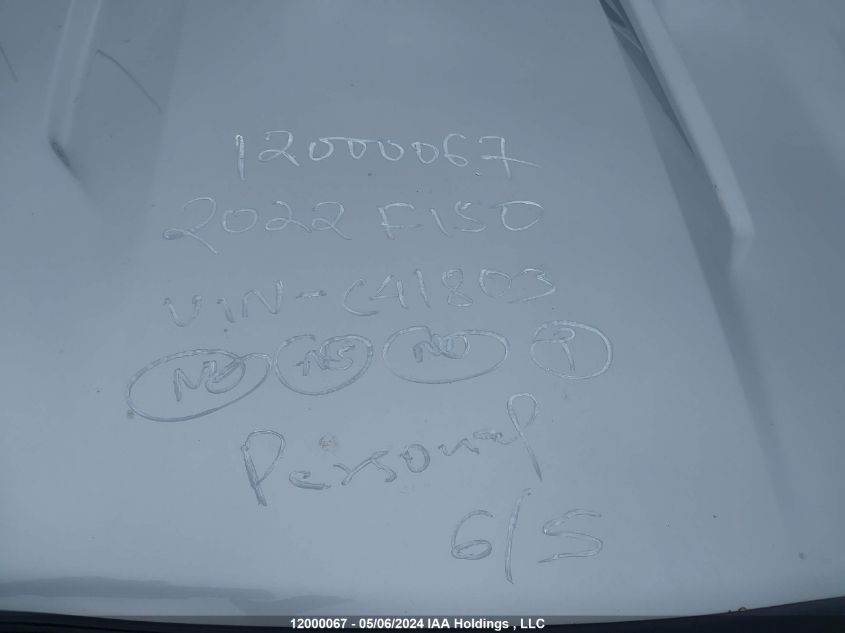 2022 Ford F150 Supercrew VIN: 1FTFW1E80NFC41803 Lot: 12000067