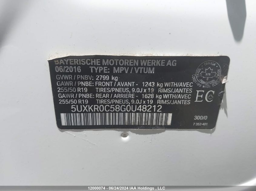 2016 BMW X5 xDrive35I VIN: 5UXKR0C58G0U48212 Lot: 12000074