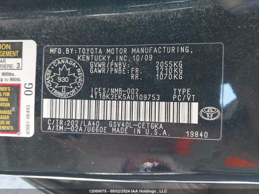 2010 Toyota Camry Se/Le/Xle VIN: 4T1BK3EK5AU109753 Lot: 12000075