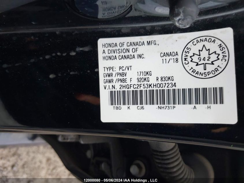 2019 Honda Civic VIN: 2HGFC2F53KH007234 Lot: 12000080