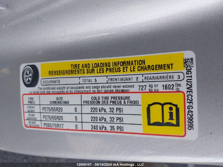 2015 GMC Sierra 1500 VIN: 3GTU2VEC2FG429995 Lot: 12000107