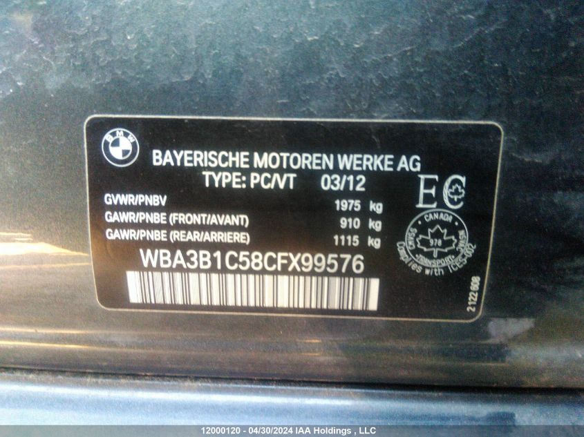 2012 BMW 3 Series VIN: WBA3B1C58CFX99576 Lot: 12000120
