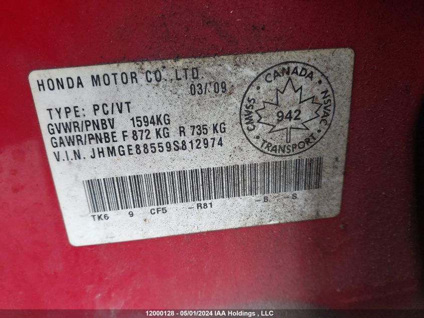 2009 Honda Fit VIN: JHMGE88559S812974 Lot: 12000128