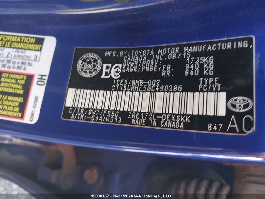 2016 Toyota Corolla Le VIN: 2T1BURHE5GC490386 Lot: 12000157