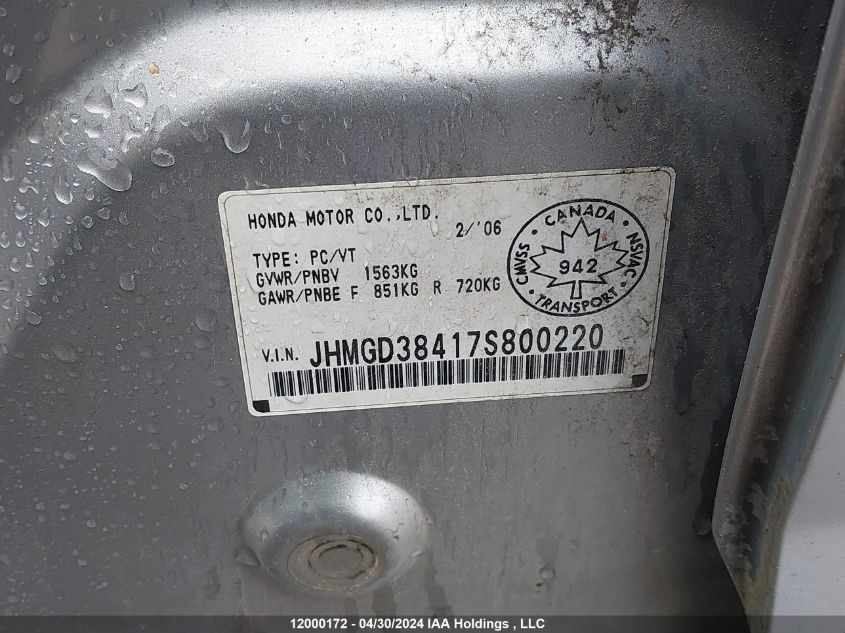 2007 Honda Fit VIN: JHMGD38417S800220 Lot: 12000172