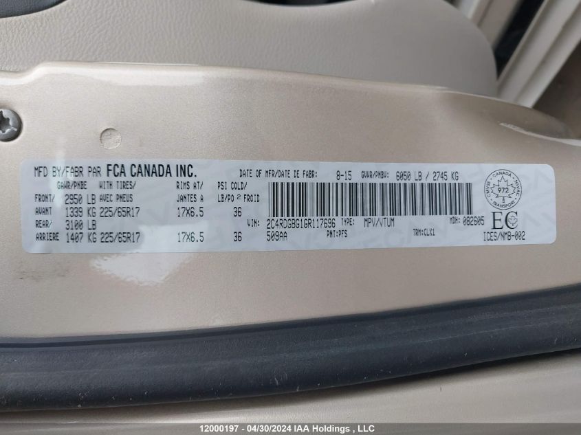 2016 Dodge Grand Caravan Se VIN: 2C4RDGBG1GR117696 Lot: 12000197