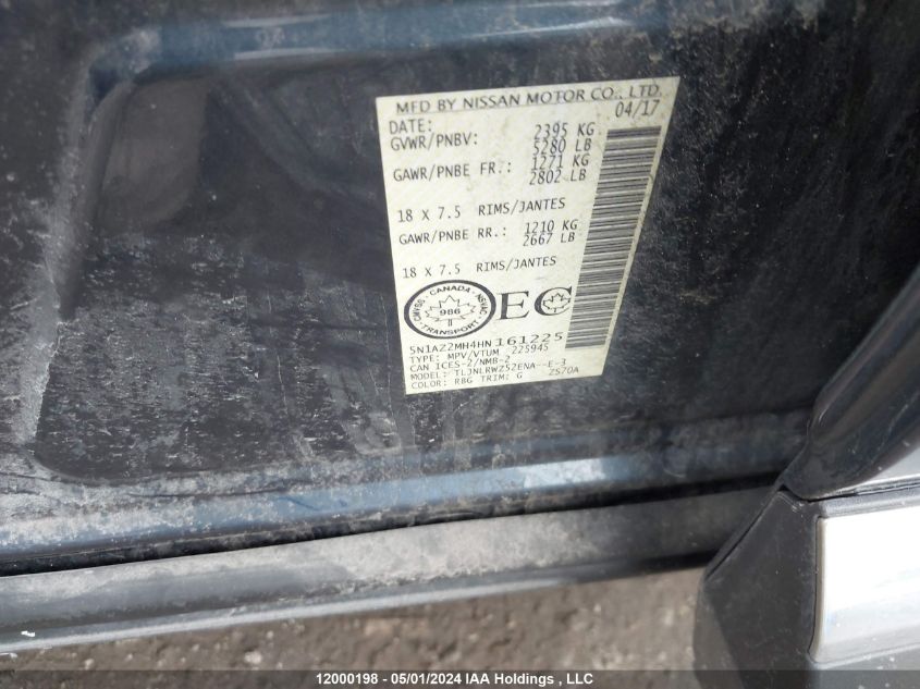 2017 Nissan Murano S/Sl/Sv/Platinum VIN: 5N1AZ2MH4HN161225 Lot: 12000198