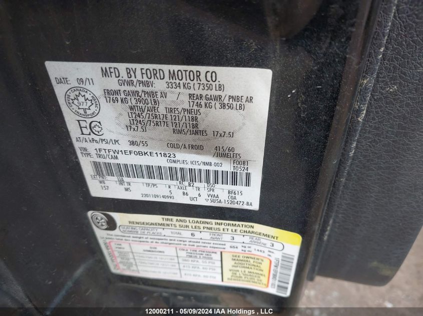 2011 Ford F150 Supercrew VIN: 1FTFW1EF0BKE11823 Lot: 12000211