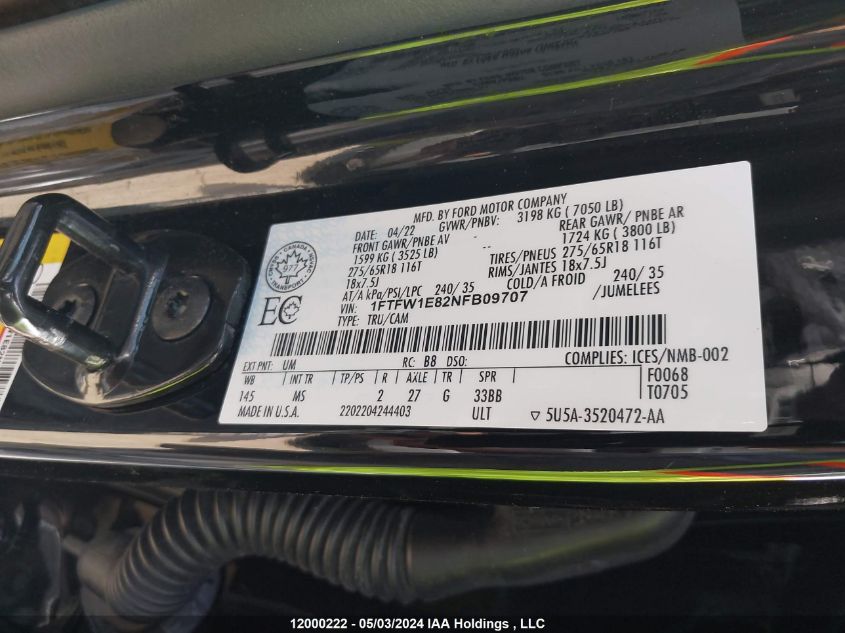 2022 Ford F150 Supercrew VIN: 1FTFW1E82NFB09707 Lot: 12000222