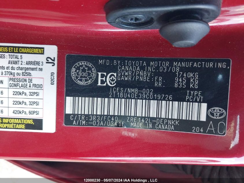 2009 Toyota Corolla Le VIN: 2T1BU40E39C019726 Lot: 12000230