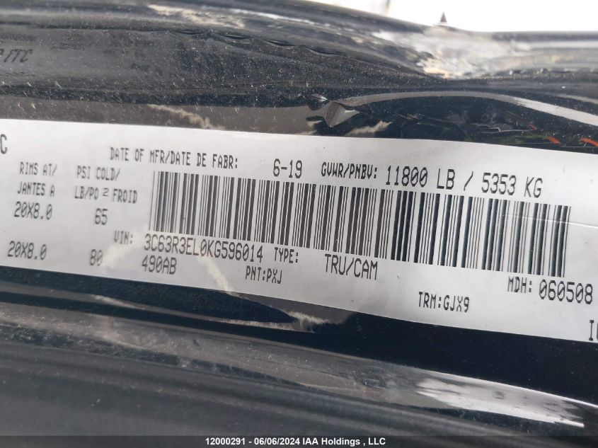 2019 Ram 3500 Laramie VIN: 3C63R3EL0KG596014 Lot: 12000291