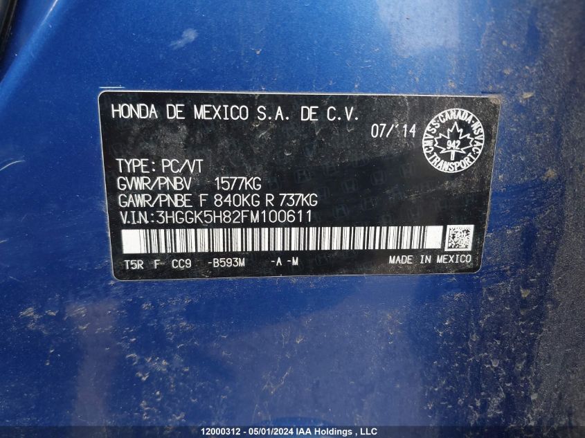 2015 Honda Fit VIN: 3HGGK5H82FM100611 Lot: 12000312