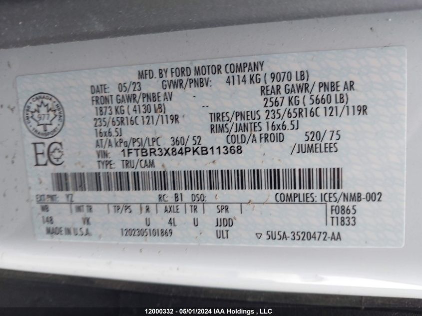 2023 Ford Transit T-250 VIN: 1FTBR3X84PKB11368 Lot: 12000332